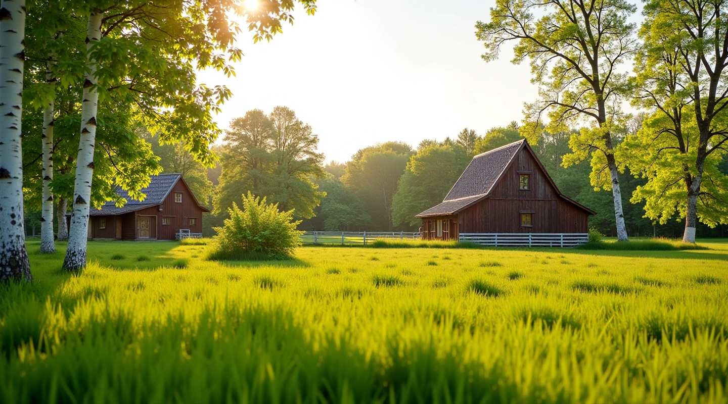 Tradicionāla Latvijas zemnieku sēta ar koka māju un zaļiem laukiem