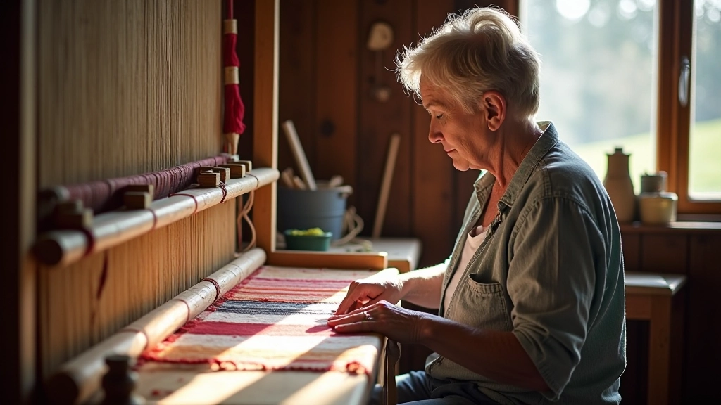 Tradicionālā audumu vīšanas staba ar skrajām drēbēm un rupjiem drēbju paraugiem
